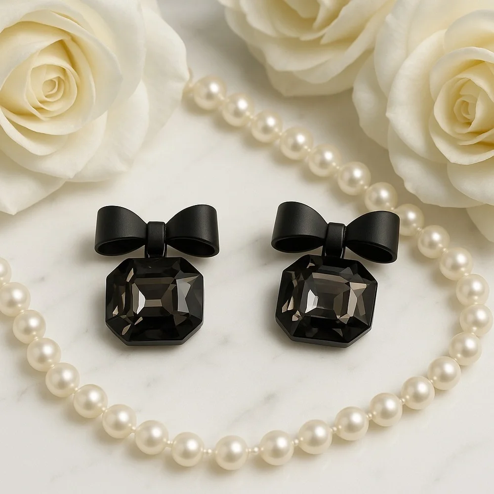 Chic Black Bow Earrings - Picture 2 of 4
